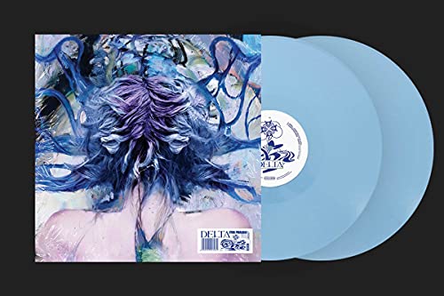 Lyra Pramuk’s “Delta” vinyl record with abstract cover art and blue discs.
