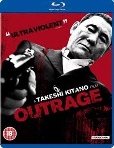 “Outrage” Blu-ray cover featuring a man with a gun and red splatters.