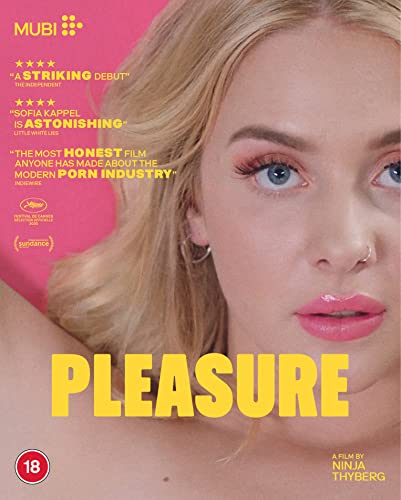"Pleasure" Blu-ray cover featuring a close-up of a blonde woman's face on pink background.