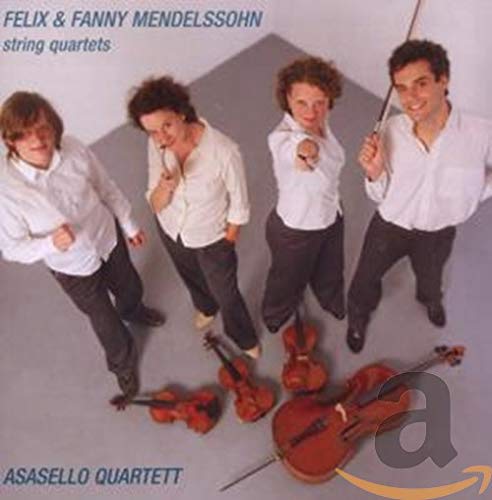 "CD cover featuring four men in white shirts with violins on a gray background."
