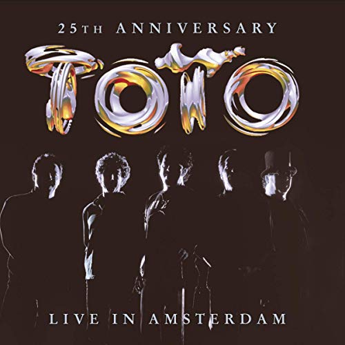 "CD cover art for 'Toto - Live in Amsterdam' featuring silhouetted band members and swirling text."