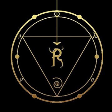 Gold geometric symbol with a central “R” on a black background.