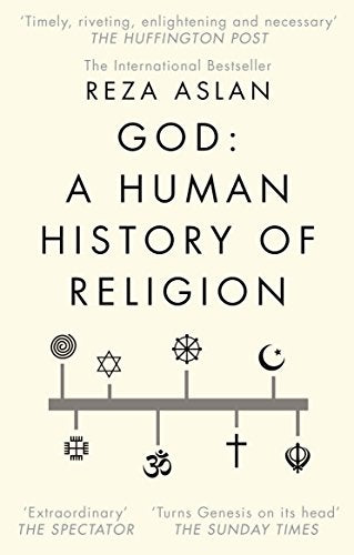 "Book cover with title 'GOD: A HUMAN HISTORY OF RELIGION' and religious symbols on beige background."