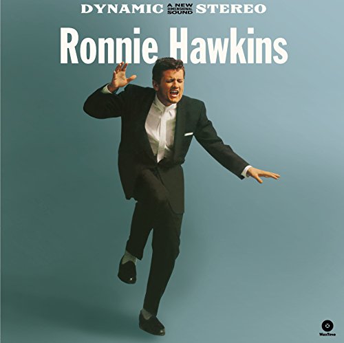 Ronnie Hawkins album cover: man in suit mid-performance, blue background.