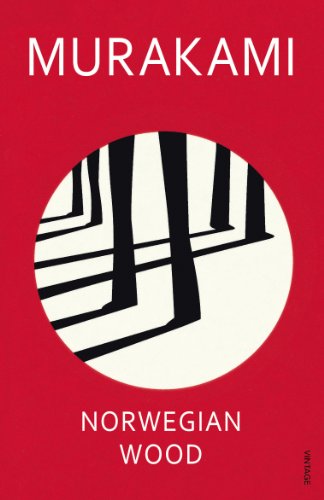 Red book cover with white text "MURAKAMI" and "NORWEGIAN WOOD", featuring a circular forest illustration.