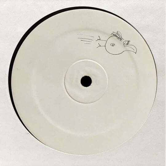 White vinyl record with a hand-drawn bird and speed hole center.
