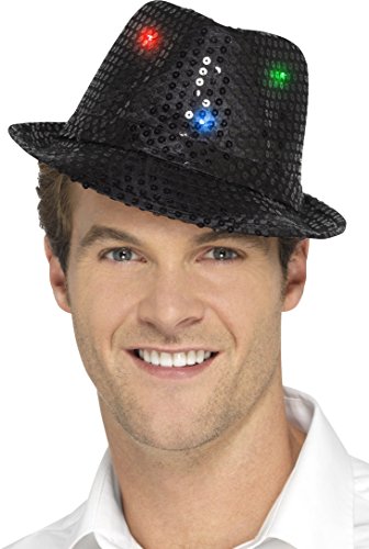 "Man wearing a black sequined trilby hat with red, blue, and green lights."