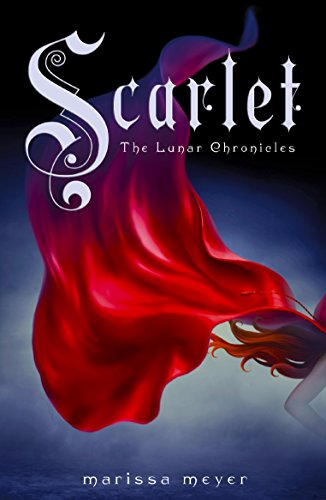 The image depicts the cover of a book titled "Scarlet". A suitable alt text is: "Book cover with red dress and flowing red hair."