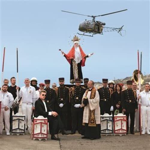 CD cover: Group portrait with a crowned figure and helicopter.
