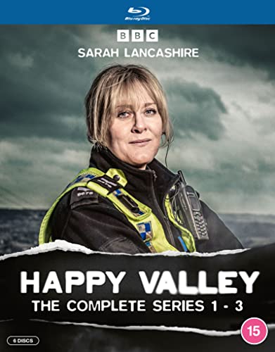 Blu-ray cover for "Happy Valley" featuring Sarah Lancashire as a police officer.