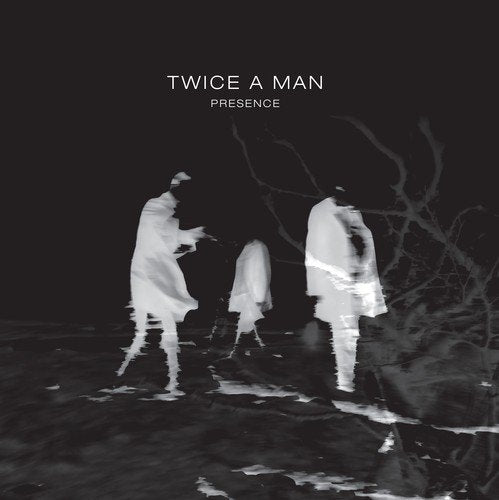 Black and white album cover featuring blurred figures in a forest.