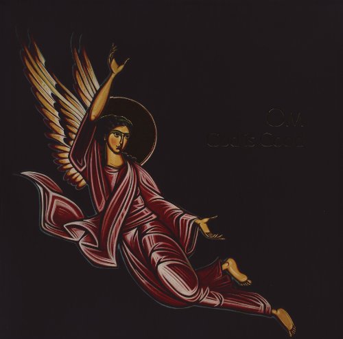 An icon-style painting of a winged angel in red robes against a black background.