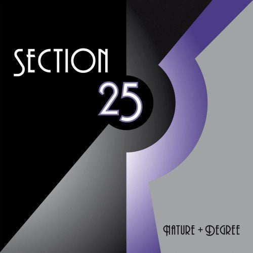 "Album cover for 'Section 25 - Nature and Degree' with abstract black, grey, and purple design."
