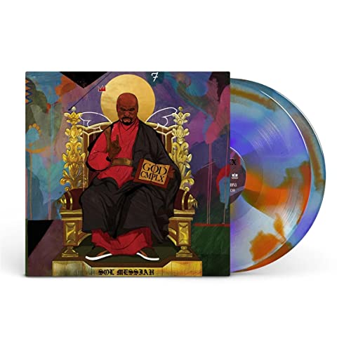 Album cover art showing a man on a throne with a multi-colored vinyl record.