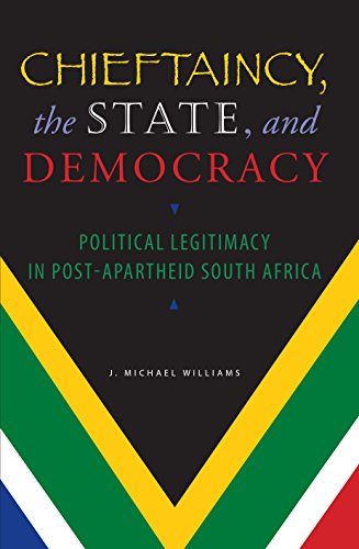 "Book cover with 'Chieftaincy, the State, and Democracy' title, featuring South African flag design."