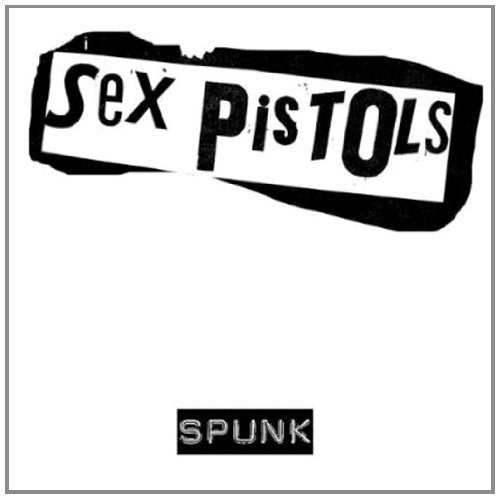 "Sex Pistols Spunk CD cover with black and white text on a white background."