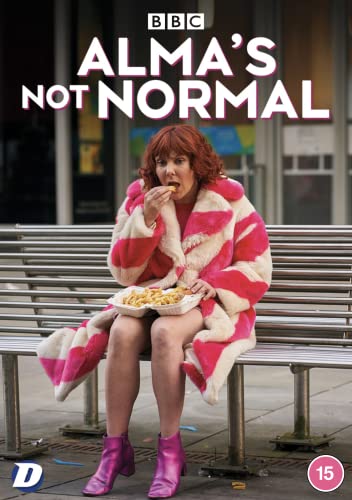 DVD cover: Red-haired woman in pink coat eating chips on a bench.