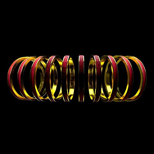 Ten golden rings with red detailing against a black background.