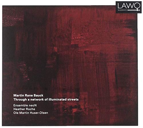 Red abstract album cover with white text and a white border.