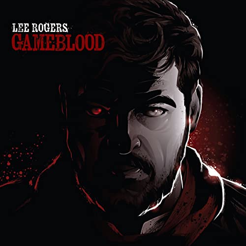 Dark portrait of a man with one red eye and blood splatter.
