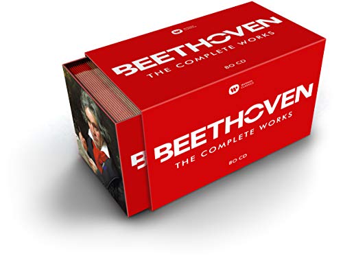 "Red box set of Beethoven's complete works on 80 CDs, partially open, showing discs."