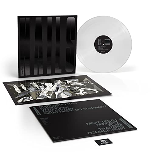 White vinyl record with black sleeve and insert, featuring abstract art.