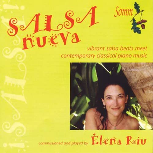 CD cover featuring Elena Riusifontes, with "SALSA nueva" text and palm imagery.