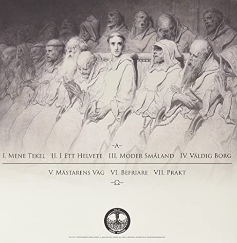 Vintage-style painting of cloaked figures with text and a circular symbol.
