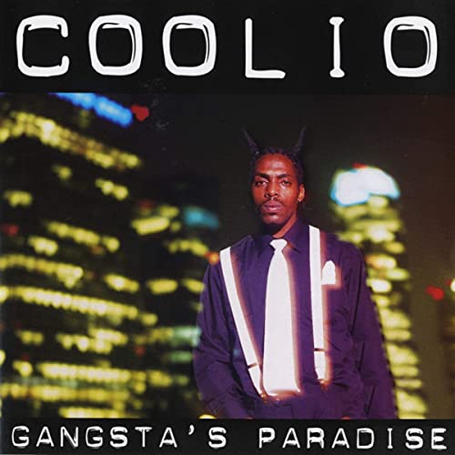 Album cover for Coolio's Gangsta'sC Paradise featuring Coolio against a city skyline.