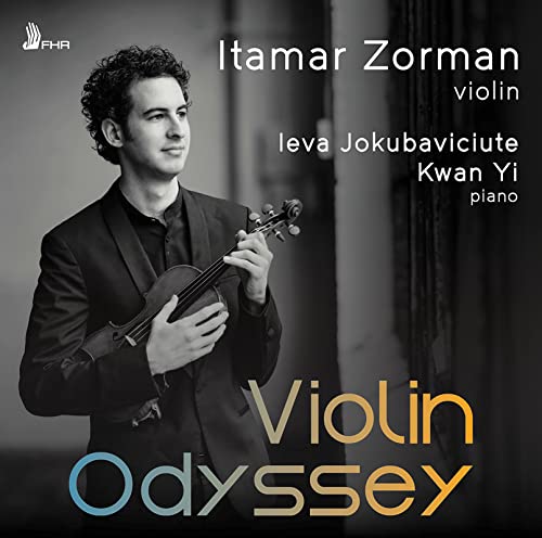 Violinist Itamar Zorman holding a violin, album cover for "Violin Odyssey".