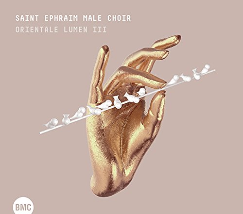 Golden hand holding a string of small white birds, CD cover.