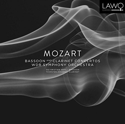 Black album cover with white swirling smoke and white text featuring "Mozart" and orchestra details.