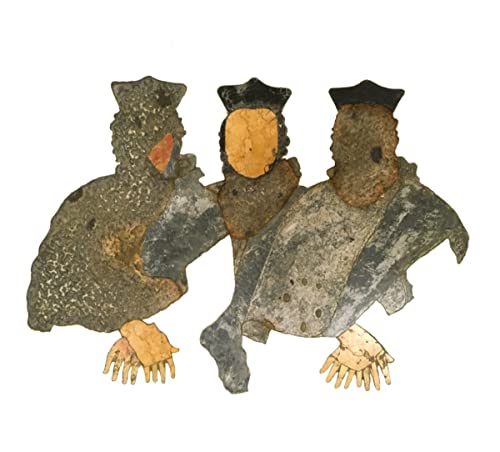Three textured, vintage-style cowboy figures with yellow hands.