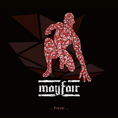 Geometric red figure against a dark background with "mayfair" text.