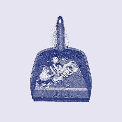 Blue-toned image of a dustpan filled with crumpled paper and objects.