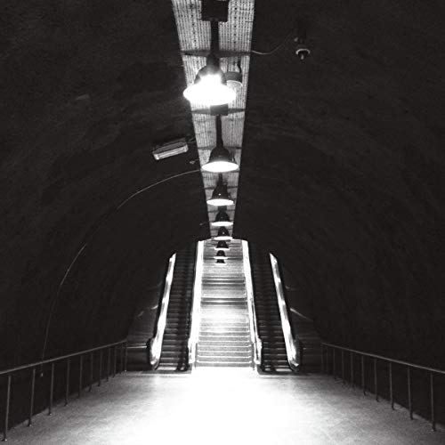 Black and white photo of an escalator in a curved tunnel.