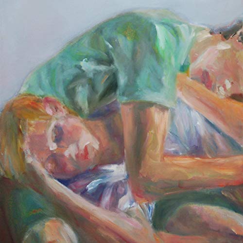 Impressionistic oil painting of two people resting closely together in soft, muted tones.