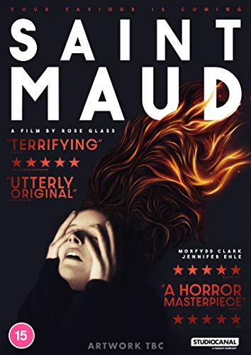 DVD cover for horror film "Saint Maud" featuring a woman with fiery hair.