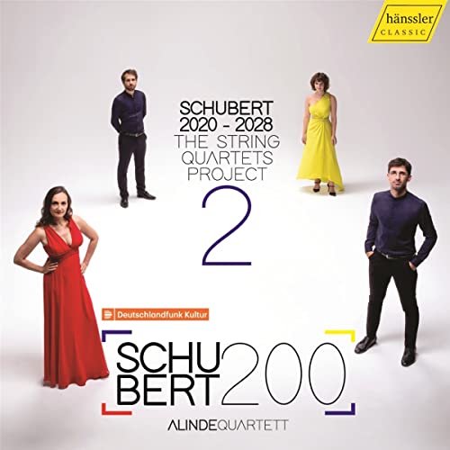 CD cover featuring four people and text related to Schubert’s quartets.