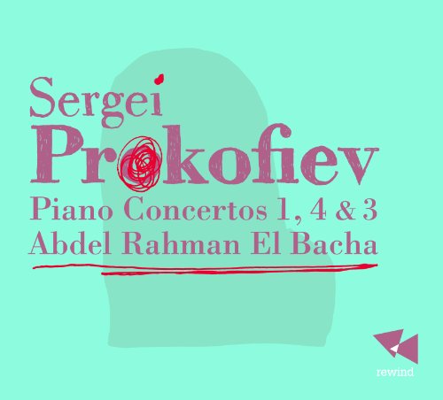 Turquoise CD cover with pink text, featuring "Sergei Prokofiev" and "Piano Concertos 1, 4 & 3".
