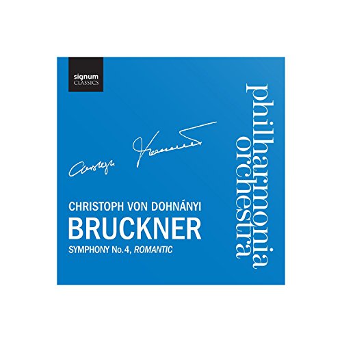 Blue CD cover with composer’s signature and text: Bruckner, Symphony No. 4.