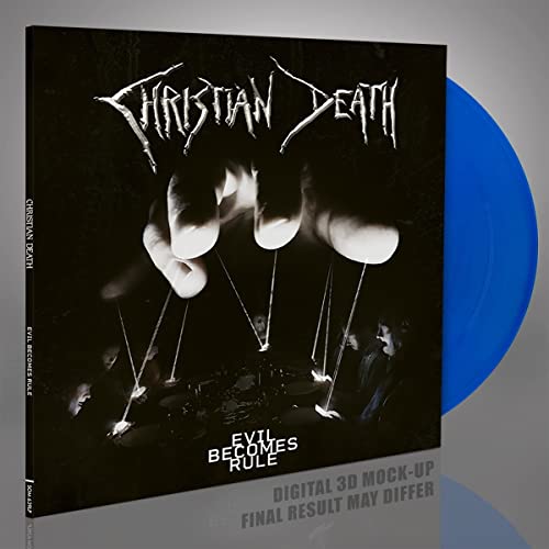 Christian Death album cover with skeletal hand, and a blue vinyl record.
