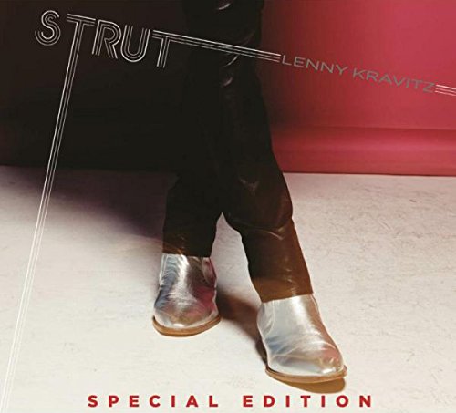 Lenny Kravitz's "Strut" album cover featuring a person in shiny boots and dark pants.