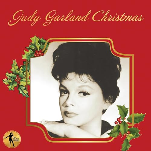 Judy Garland portrait on a red album cover with holly accents.