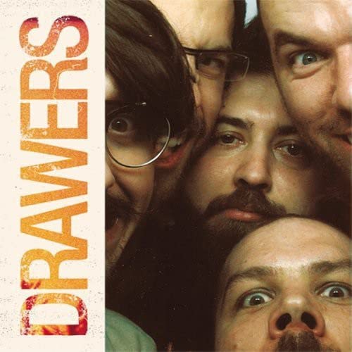 Close-up of four men with varying facial hair, album cover for Drawers.