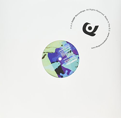 Vinyl record with abstract blue, green, and purple cover art on white background.