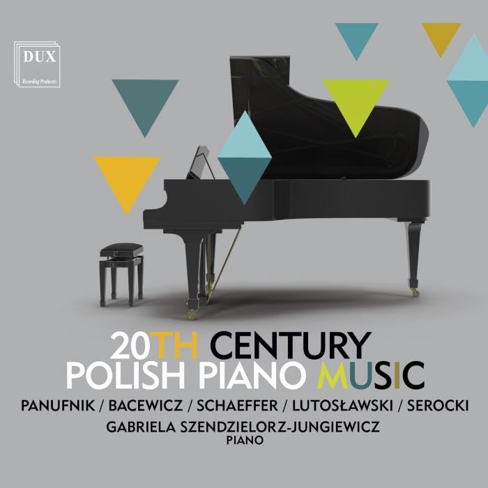 CD cover with a grand piano and geometric shapes in teal and gold.