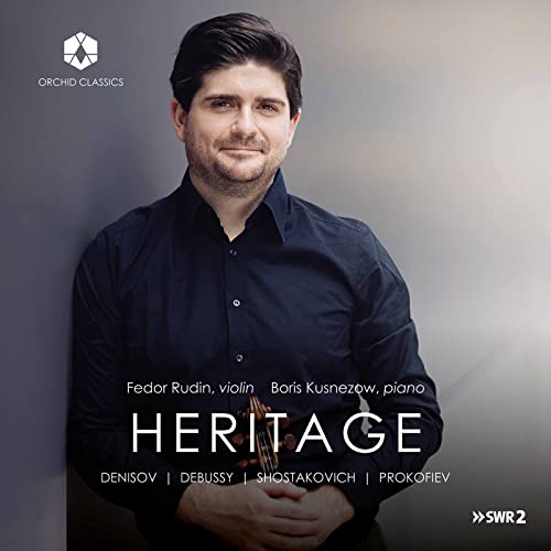 CD cover featuring violinist Fedor Rudin in a dark shirt, with text "Heritage".