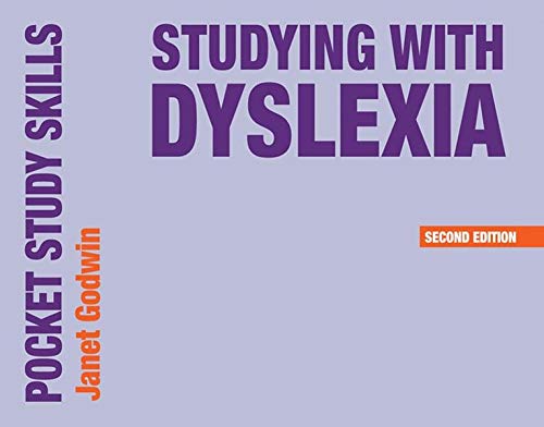 The image depicts a book cover with a light purple background and purple and orange text. Here is a concise, descriptive alt text: "Book cover with 'Studying with Dyslexia' in purple on light purple background."