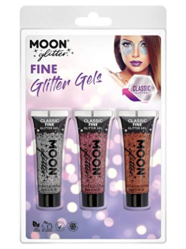 "Three tubes of glitter gel in packaging with a model's face and purple background."